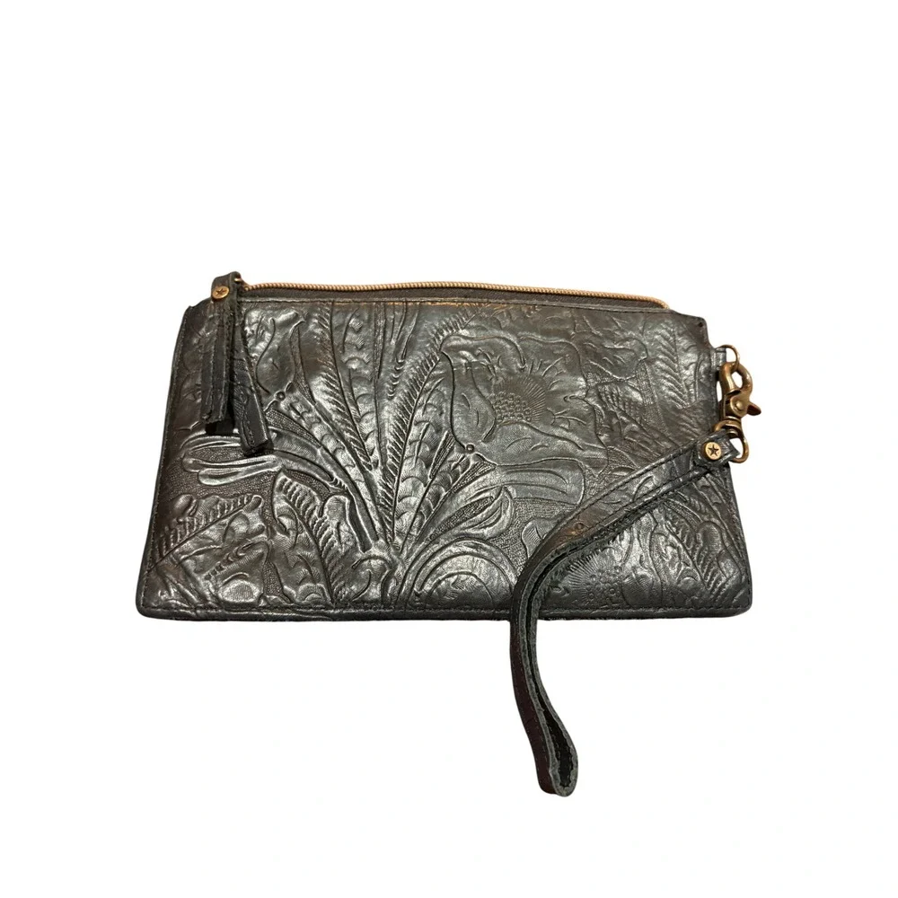 American Leather Co Black Tooled Floral Leather Wristlet Clutch Wallet Bag
